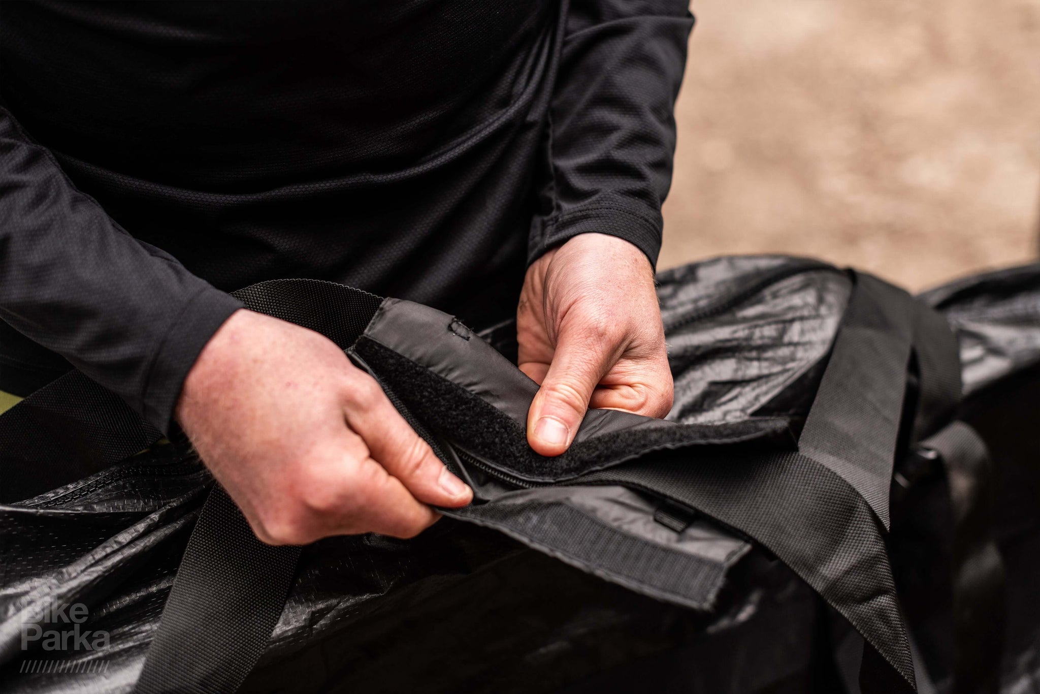 BikeParka RoughSac securing bike bag straps 