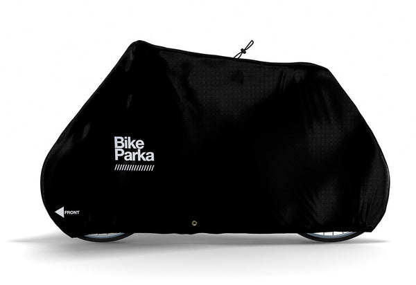 Weatherproof bike cover fitted to hybrid bike – BikeParka STASH